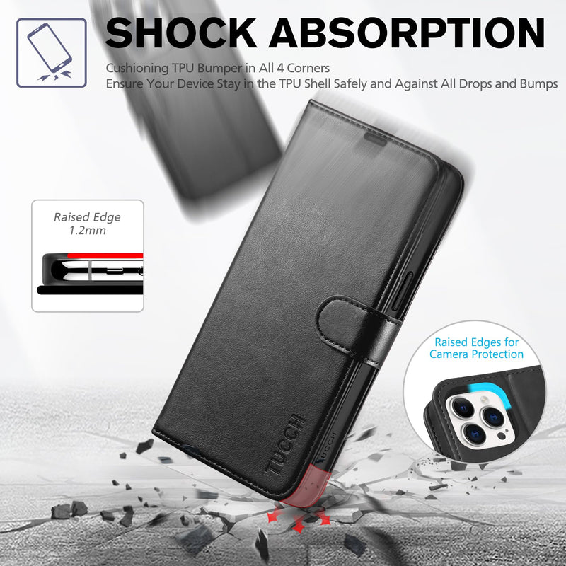 [Australia - AusPower] - TUCCH Case Wallet for iPhone 15 Pro Max, RFID Blocking 4 Card Holder Kickstand Shockproof TPU Inner Case, PU Leather Magnetic Flip Folio Cover, Black 