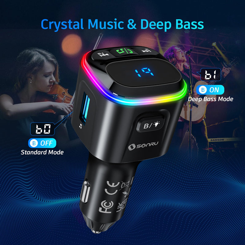 [Australia - AusPower] - Bluetooth 5.3 FM Transmitter Car Adapter [PD36W & QC18W] [Fast Charging] Wireless Radio Adapter HiFi Bass Sound Hands-Free Calling LED Display with Light Switch Support Bluetooth/U Disk/TF Card FT1017-US 