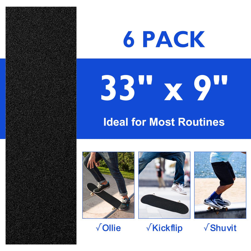 6 Pcs Skateboard Grip Tape, 33" x 9" Black Grip Tape for Skateboard, No Air Bubbles Skateboard Tape Skateboard Griptape, Scooter Grip Tape Sandpaper for Stairs Pedal Wheelchair Steps