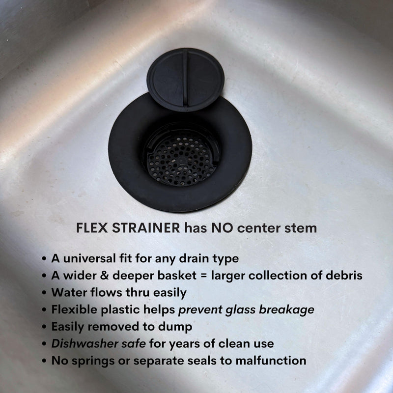 Flex Strainer® Sink Drain Strainer with Optional Stopper – No Center Stem, Fits Standard 3½” Sink Drains & Disposals – Easy Clean, Dishwasher Safe – Made in USA – Black, 2-Pack 2PK