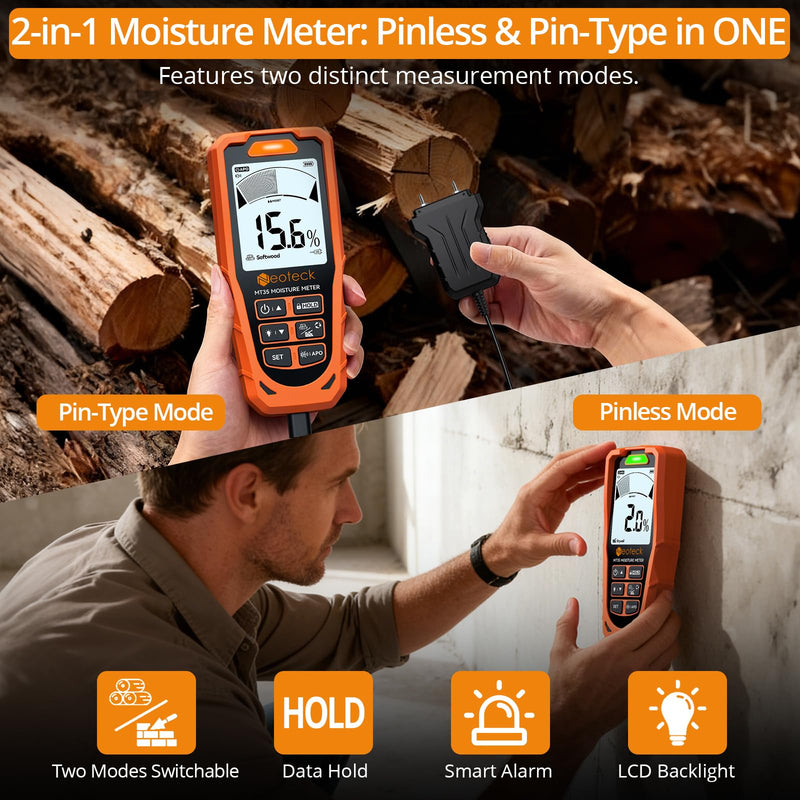 Neoteck 2 in 1 Moisture Meter 19mm Inductive Depth Wood Moisture Meter with ±2% Accuracy Rechargeable Pinless Moisture Meter for Soft/Hard Wood Drywall Plaster Screed Concrete