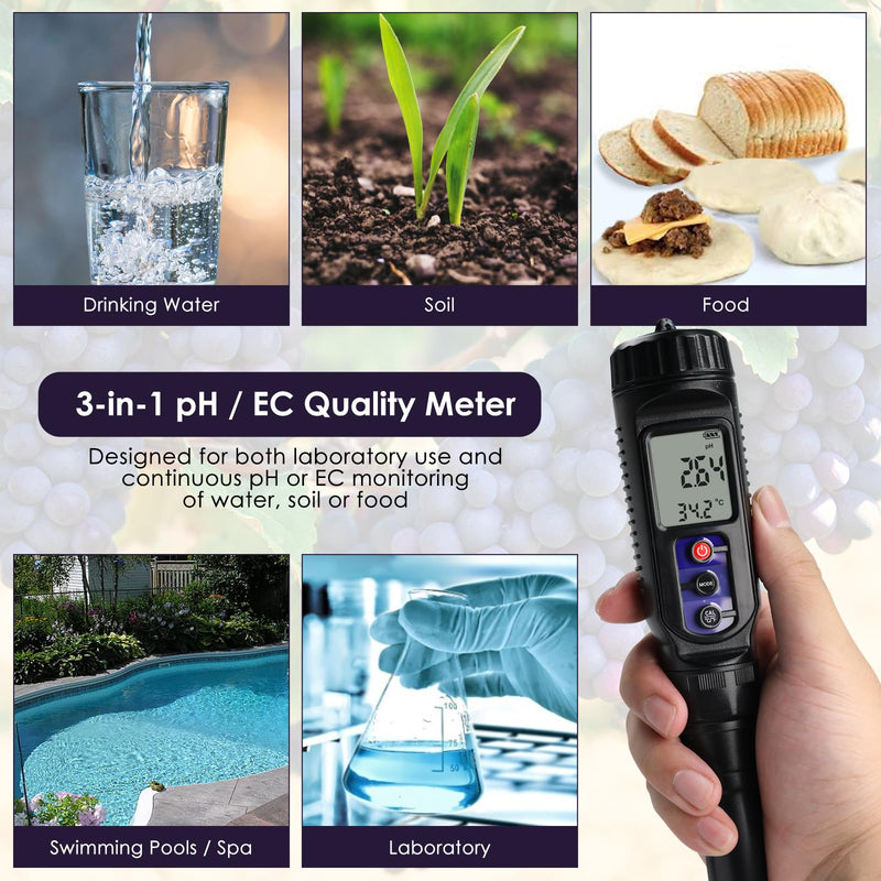 [Australia - AusPower] - pH Meter for Food 3-in-1 Digital pH EC Temperature Meter with ATC, Food pH Tester for Checking Fermentation/Bread Dough/Sausages, Waterproof pH Probe Meter for Cosmetics, Solid and Soft Soil Sample 