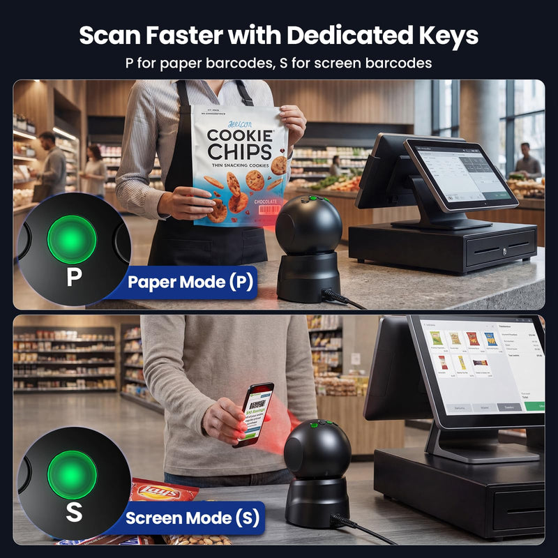 Eyoyo 2D USB Barcode Scanner, Hands-Free Desktop Automatic Omnidirectional QR Code Scanner, Wired Bar Code Reader with 1D 2D Mode Switch Button for Retail, Supermarket, Warehouse, Library, POS Systems Black