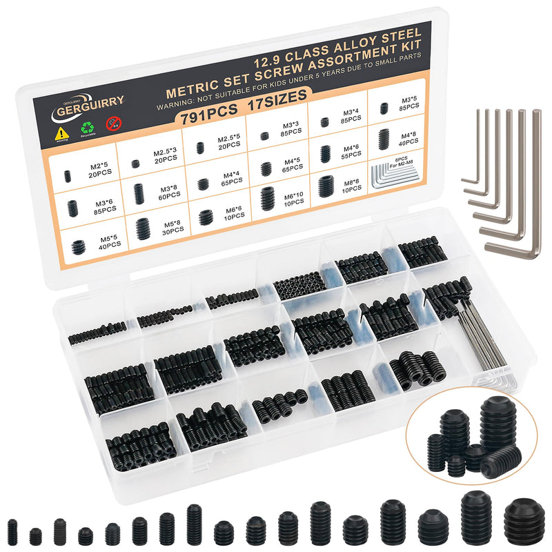 [Australia - AusPower] - 791PCS Set Screws, 17Sizes Metric Set Screw Assortment Kit, M2/2.5/3/4/5/6/8 Stainless Steel Grub Set Screws, Internal Hex Drive Cup-Point Screws for Bathroom Fixtures, Door Handles, Alloy Steel Black 791PCS 17Size Metric 