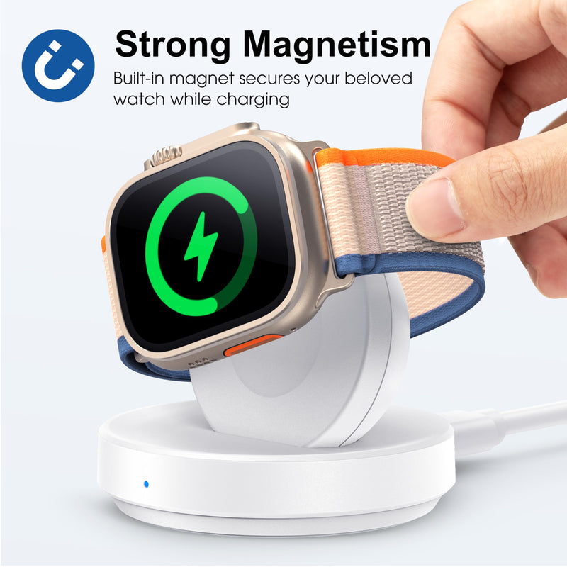 [Australia - AusPower] - Portable Magnetic Charging Dock for Apple Watch, Wireless Fast Watch Charger Stand with Charging Cable, Support Nightstand Mode, Compatible with Apple Watch Series 9 8 7 SE 6 5 4 3 2-White White 