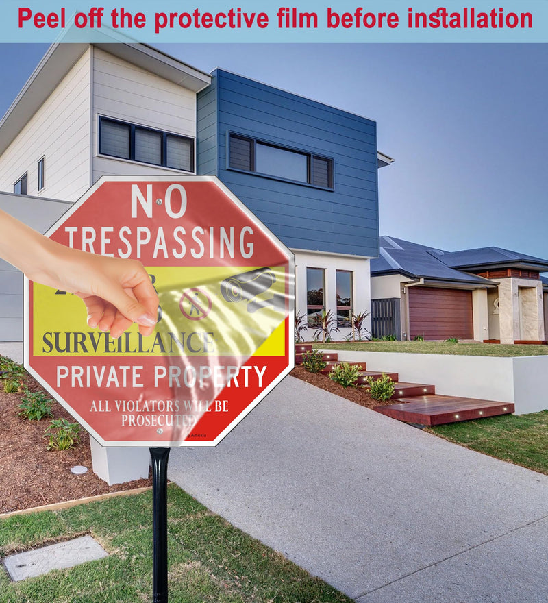 Large No Trespassing Sign Private Property with 36" Metal Stake - 12 x 12 Inches 24 Hour Video Surveillance Signs, Rust-Free& Fade Resistant Aluminum (1 Pack) 12"x12"- 1Pack with Stong stake Red