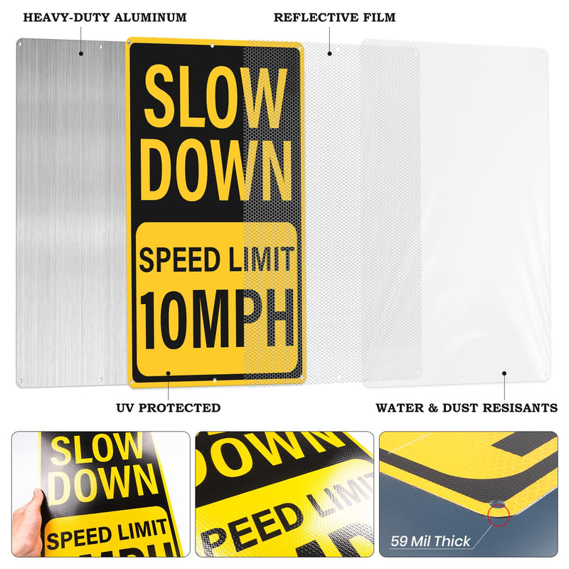 Slow Down Speed Limit 10 MPH Sign 12 x 18 Inches Reflective Aluminum Metal Traffic Sign Rust-Free Warning Signs for Driveway Parking Lots Neighborhoods Campground 2 Pack Yellow