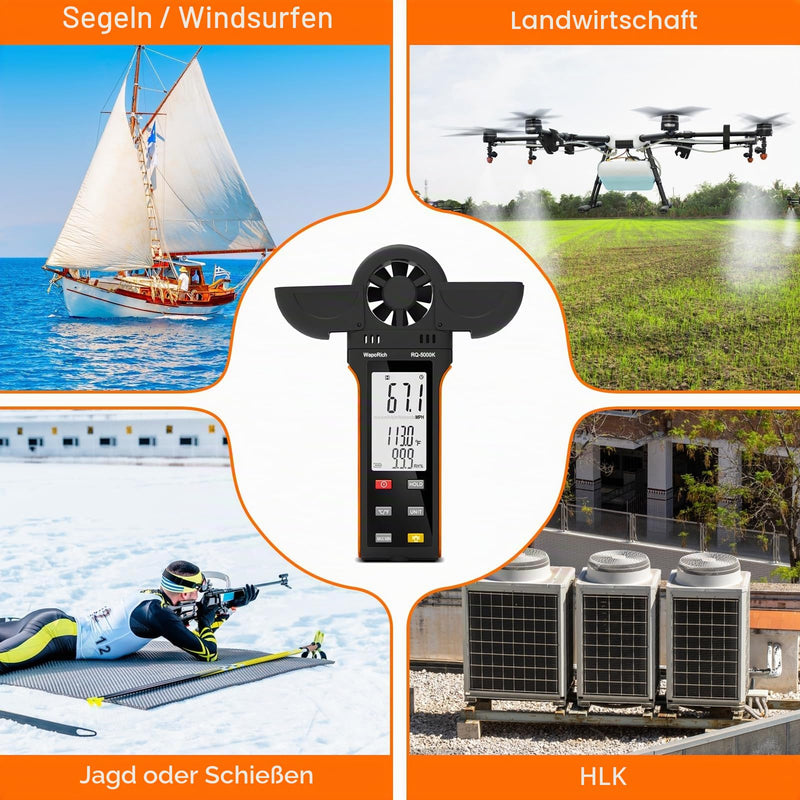 Digital Anemometer Handheld Wind Speed Meter Gauge Measures Humidity/Temperature/Wind Speed with MAX/MIN/AVG for HVAC, Sailing, Surfing, Drone RQ-5000K