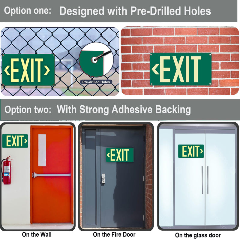 (2Pack) Photoluminescent Exit Sign, Glow In The Dark Aluminum Exit Sign Green - Adhesive Backing - 4pcs Removable Arrows Included - 14.25 x 7.5 Inches - Non Electrical Exit For 50 Feet Visibility Green - Exit