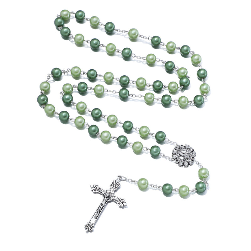 KOMI Catholic Rosary Beads for Women - Glass Pearl Beads Necklace with Saint Benedict Medal & Crucifix - Catolicos Rosary Gifts with Pouch Rosary-3