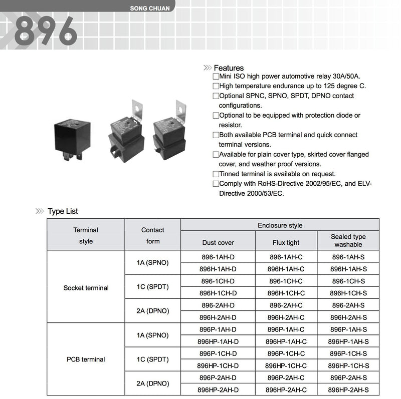 [Australia - AusPower] - (4X) Song Chuan 896H-1CH-S1-R1-T Automotive 12VDC Relays SPNO 50A 12VDC 
