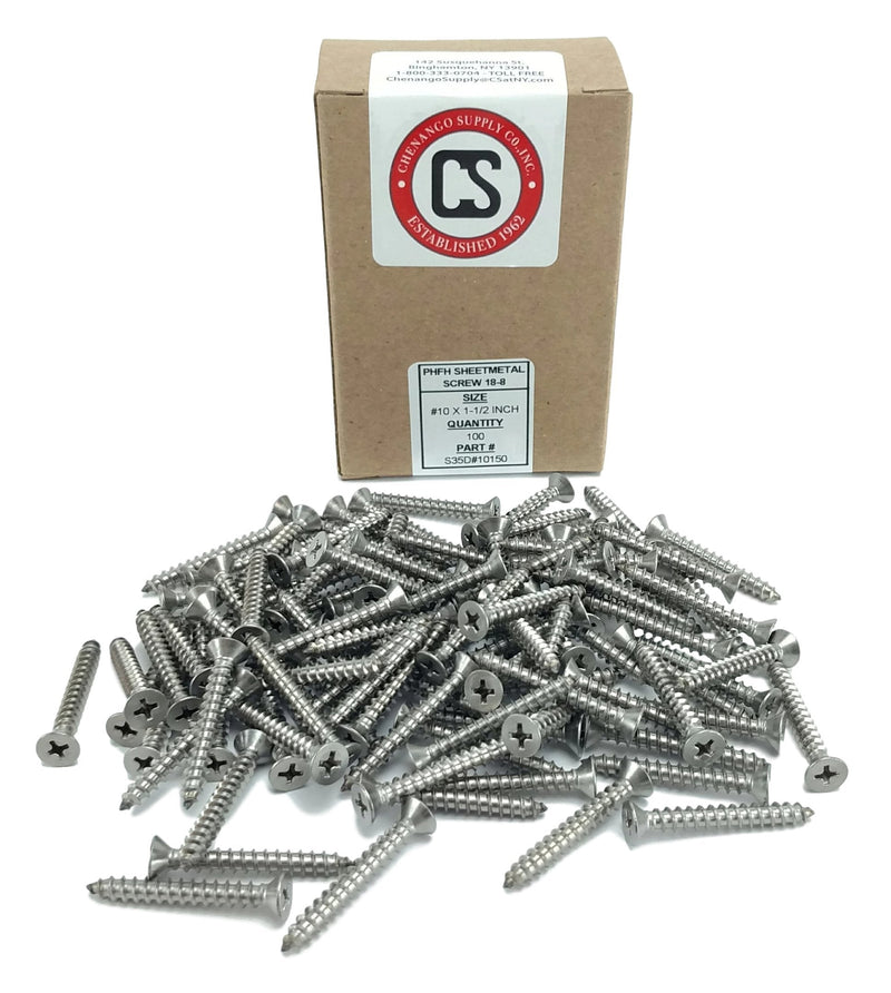 #10 X 1-1/2" Stainless Phillips Flat Head Sheetmetal Screw (1/2" to 2" in Listing) 100 Sheet Metal Screws, 82 Degrees (#10 x 1-1/2") #10 x 1-1/2"