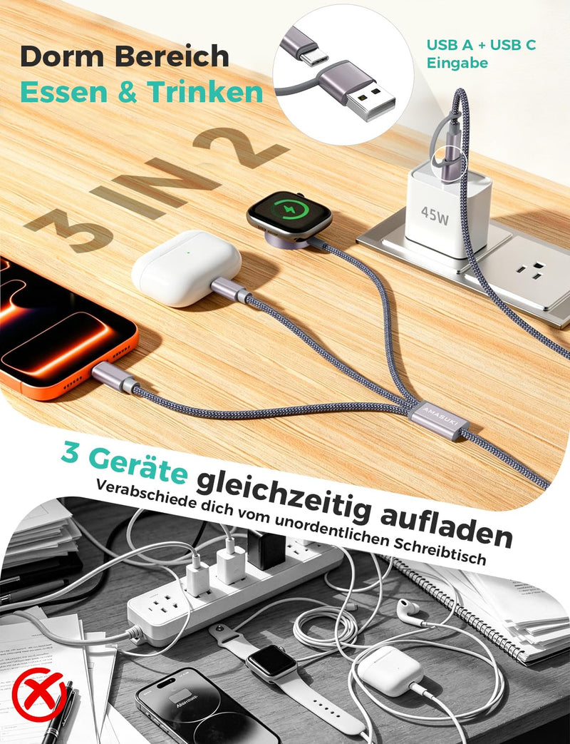 3-in-2 Charging Cable for Apple Watch, USB-C Multi Charging Cable, for iWatch Ultra/SE/11/10/9/8/7/6/5/4/3/2/1, iPhone 17–11/Galaxy S23, 1.25 m, for Camping Travel, Outdoors, Watch Stand 1.25m gray
