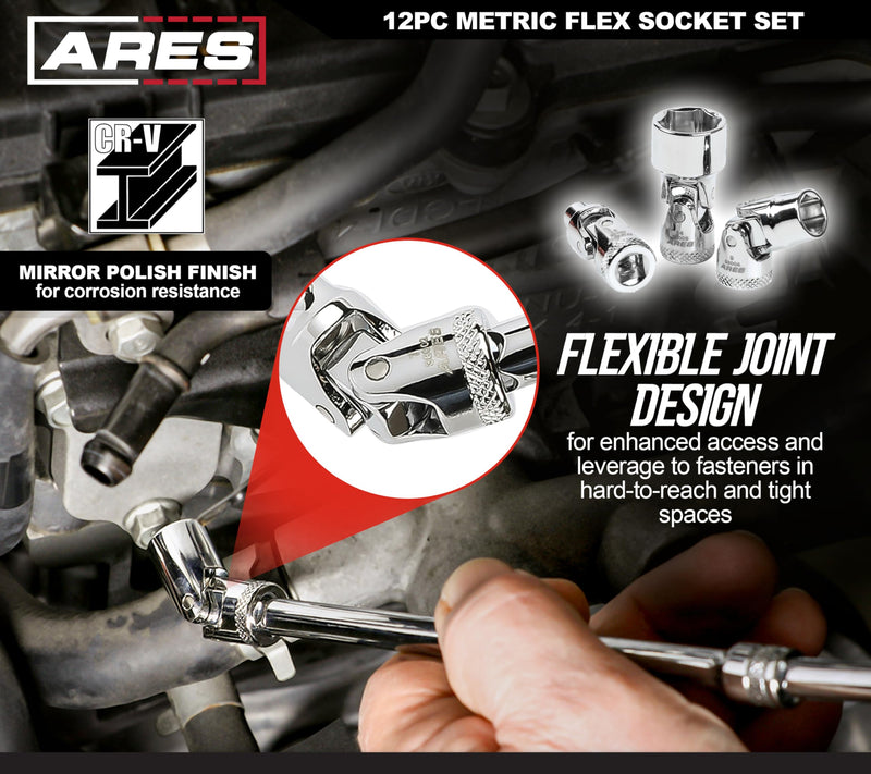 ARES 39009-12-Piece 1/4-Inch Drive Metric Flex Socket Set - 6 Point Sockets Constructed From Premium Heat Treated Chrome Vanadium Steel - Storage Rail Included 12-Piece 1/4-Inch Drive Metric Set