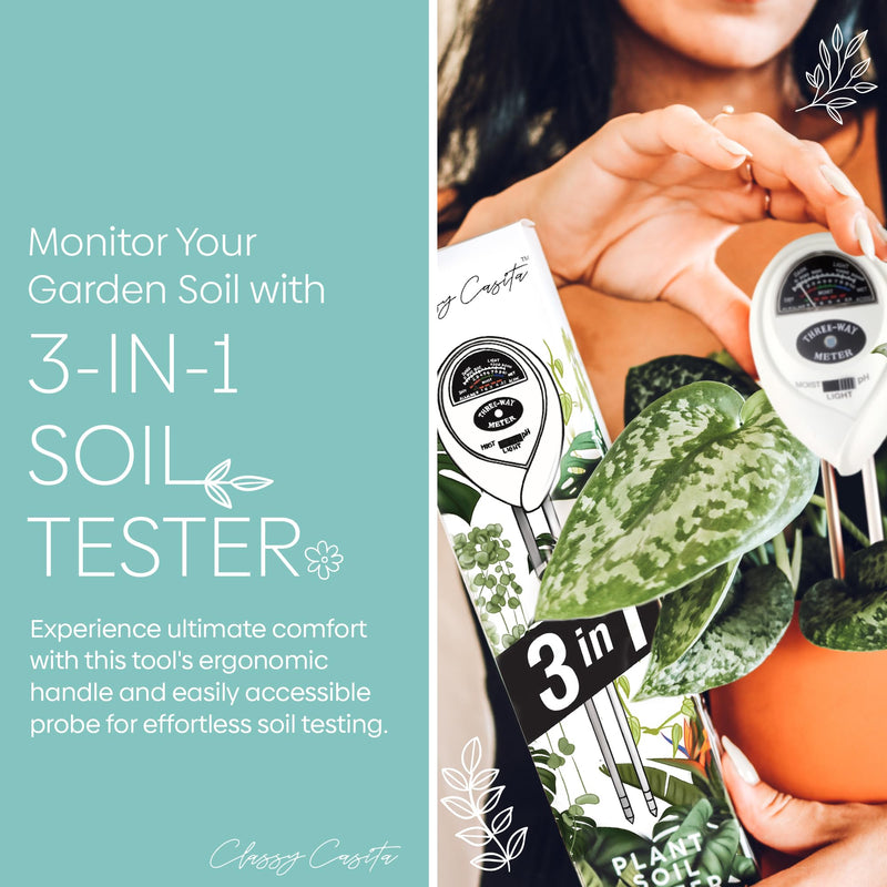 Classy Casita 3-in-1 Garden Soil Tester- Three Way Plant Soil Test Kit to Measure Soil Moisture, pH-Value, and Sunlight Soil Moisture Meter w/Plant Watering & Care eBook, White