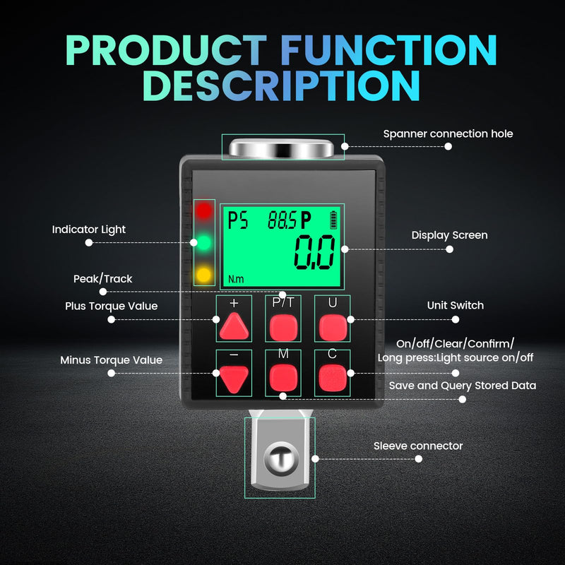 [Australia - AusPower] - Digital Torque Adapter 1/2 Inch, 3.4 - 340 Nm Torque Digital Adapter, Accuracy ± 1% with Preset, Memory, Buzzer, LCD Display, 1/4 Inch 3/8 Inch Adapter for Car, Motorcycle, Bicycle 