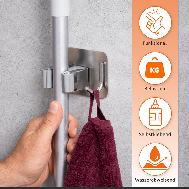 ECENCE Broom Holder Wall Self-Adhesive Pack of 4 Device Holder | Broom Holder Silver Stainless Steel No Drilling Mop Holder for Kitchen, Bathroom, Balcony & Garden
