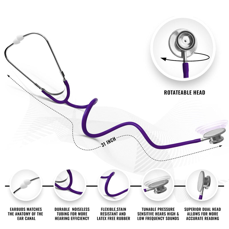[Australia - AusPower] - ASA TECHMED Nurse Essentials Starter Kit with Handheld Travel Case | 3 Part Kit includes Adult Aneroid Sphygmomanometer Blood Pressure Monitor, Stethoscope, Mini Diagnostic Otoscope (Purple) Purple 
