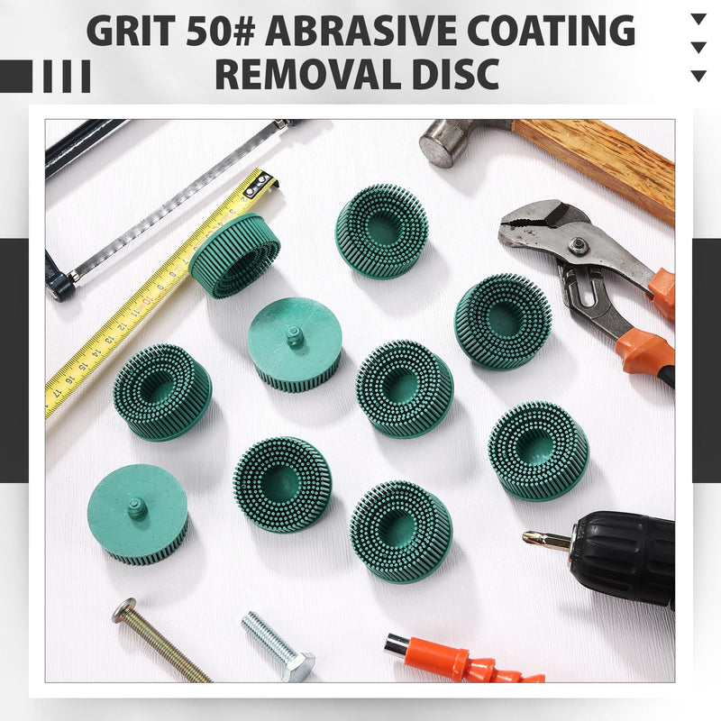 Hicarer 10 Pcs 2 Inch Bristle Discs Grit 50# Abrasive Bristle Disks Green Coating Removal Discs for Metal Grit 50#