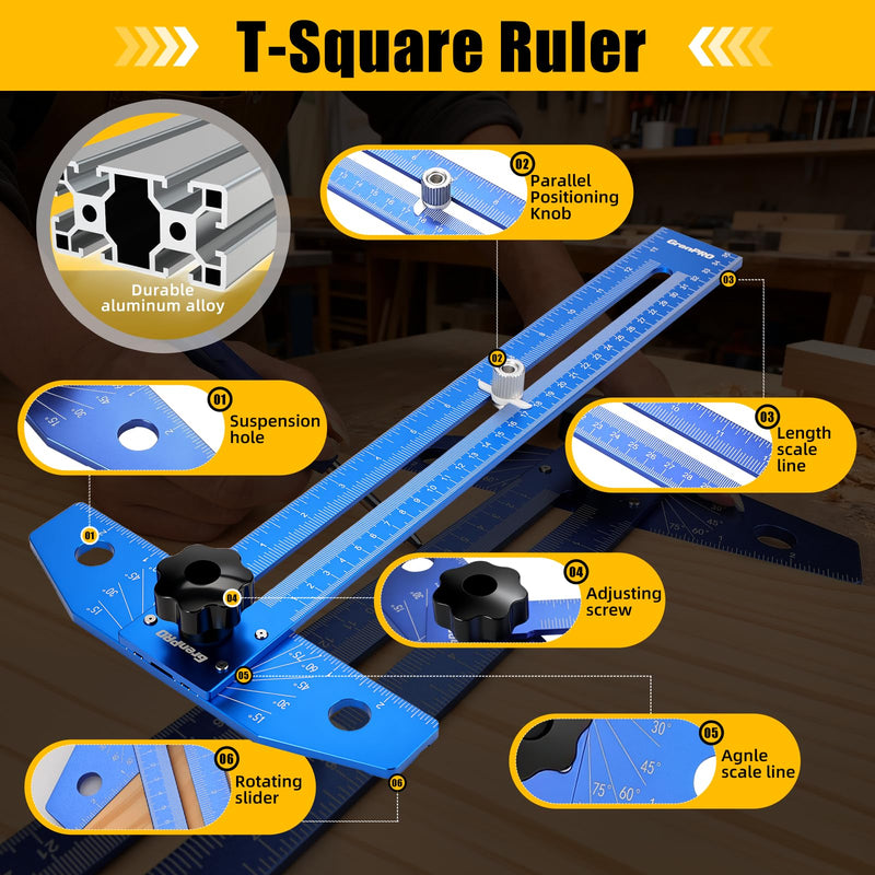 GRENPRO Woodworking Scriber Marking Line Ruler with Carpenter Pencil & Metal Ruler, Adjustable Aluminum Alloy Sliding T-Square Ruler, Measuring Angle Finder with Adjustment Scale,Drawing Aid Rule tool Blue