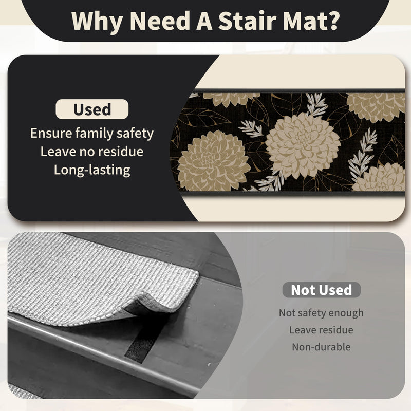 Non-Slip Carpet Stair Treads 4PCS, 8"x30" Peel and Stick Stair Runner for Wooden Steps Indoor, Washable Reusable Adhesive Backing, Pet-Friendly Safety Mats for Kids, Elders, Dogs 8inch x 30inch Black | Beige 4
