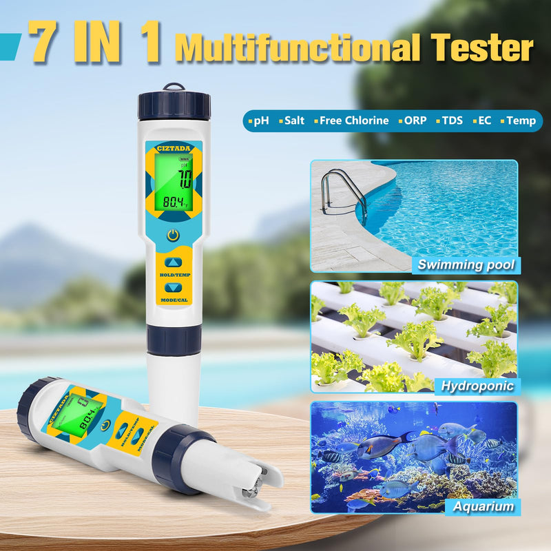 [Australia - AusPower] - Saltwater Pool Tester Free Chlorine Meter pH and Salinity Tester 7 in 1 Free Chlorine pH Salt ORP TDS EC Temp Meter Digital Pool Water Tester pH and Free Chlorine Meter for Pool Hot Tub Spa 7 in 1 Free Chlorine pH Salt ORP TDS EC Tester 
