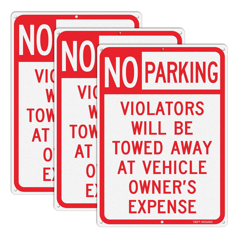 3 Pack No Parking Sign, Violators Will Be Towed Away at Vehicle Owner's Expense Sign, 10 x 14 Inches, Rust Free Aluminum, Reflective, UV Printed, Weather/Fade Resistant, Easy Mounting RED - 14" x 10" - 3 Pack