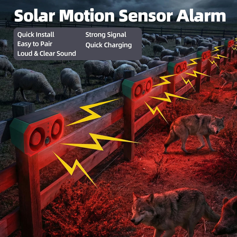 Solar-Outdoor Motion Sensor Alarm: Coyote Deterrent 130dB Dual Speakers Sound, Motion Light & Remote|Animal Deterrent for Yard/Farm/Chicken Coop N911T