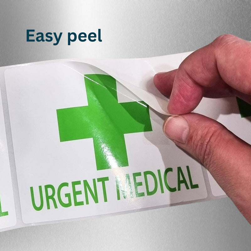 Urgent Medical Labels with Green Cross - Roll of 400 Latex-Free Stickers 100mm x 80mm (Approx 4" x 3") on 38mm (1.5") Core with Strong Adhesive. for Courier, Healthcare, Pharmacy, Clinic or Lab Use.