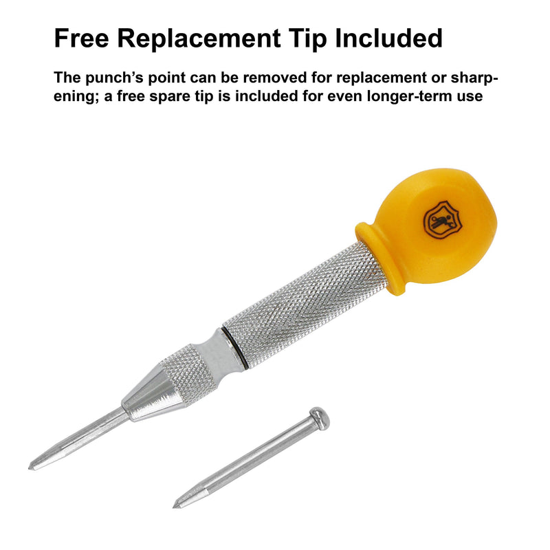 [Australia - AusPower] - MulWark 5" Spring-Loaded Automatic Steel Center Hole Punch Marker Scriber For Wood, Metal, Plastic, Car Window Puncher Breaker Tool-With Palm Cushion Cap, Adjustable Impact-A Replacement Tip Included 5" Center Punch 