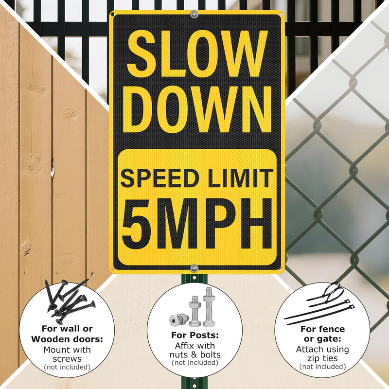 Slow Down Speed Limit 5 MPH Sign 12 x 18 Inches Reflective Aluminum Metal Traffic Sign Rust-Free Warning Signs for Driveway Parking Lots Neighborhoods Campground 2 Pack Yellow