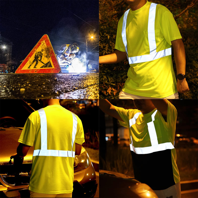 Hi Vis Safety Shirts for Men Reflective,High Visibility Work T-Shirt Short Long Sleeve with Pocket, 3 and 5 Pack Large Neon Yellow-5p