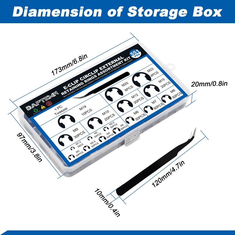 [Australia - AusPower] - E Clip Circlip External Retaining Rings Assortment Kit, 550PCS E Clips External Carbon Steel Rings and 1 PC Tweezers, Includes Sizes of M1.5-M22 551pcs E-clip 