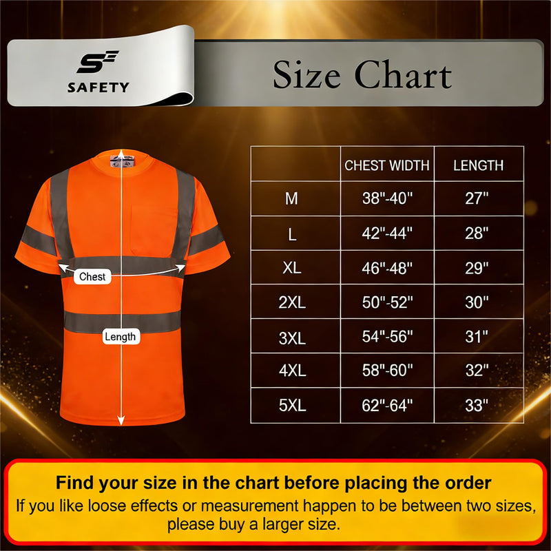 sesafety High Visibility Shirt for Men Hi-Vis Construction Work Shirt with Pocket and Reflective Strips Safety Short Sleeve Tshirt Class 3 Orange 3XL