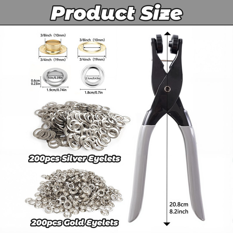 Heavy Duty Grommet Tool Kit - 3/8 Inch Die with 400Pcs of 10MM Grommets, Present Hole Punch, Professional Setting Tool for Leather, Canvas, Tarp, Awning, Plastic & DIY Craft Supplies