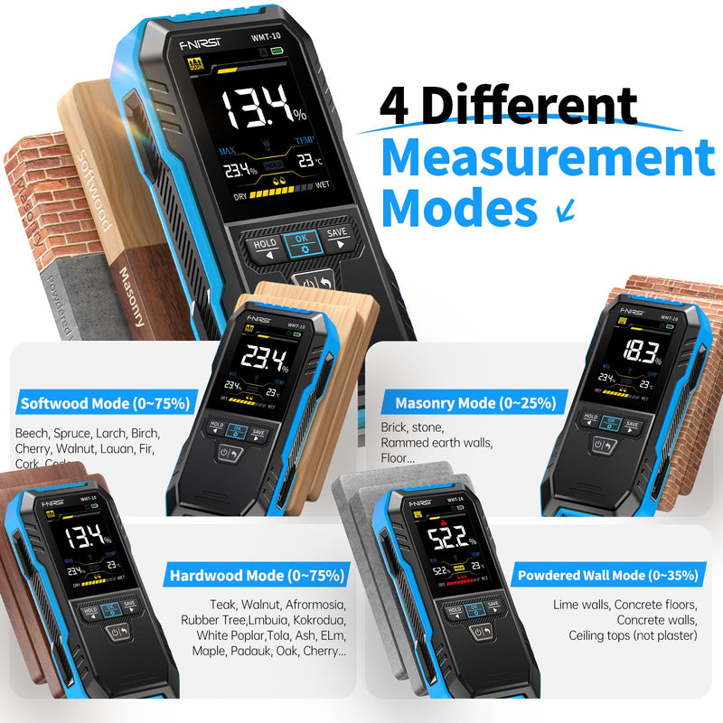 [Australia - AusPower] - FNIRSI WMT-10 Pinless Wood Moisture Meter, Rechargable Moisture Meter for Wood, Wall, Firewood, Support Data Hold and Record, Flashlight, Humidity Detector for Lumber Concrete Building Blue 