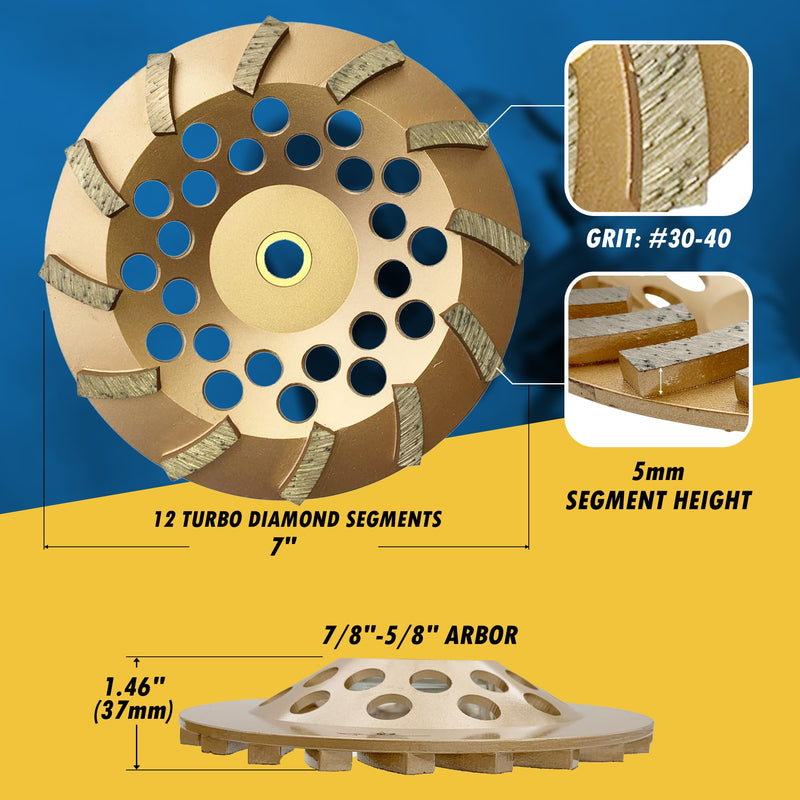 7" Diamond Grinding Wheels for Concrete or Masonry, 12 Turbo Segments, #30/40 Grit, Medium Bond, 7/8"-5/8" Arbor 7" Diameter - 12 Segments