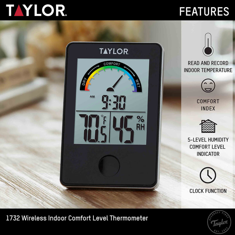 [Australia - AusPower] - Taylor Digital Wireless Indoor Comfort Level Thermometer and Hygrometer, Easy-to-Read Display for Home, Office, Greenhouse, Nursery, and Indoor Areas, Black Single Display 