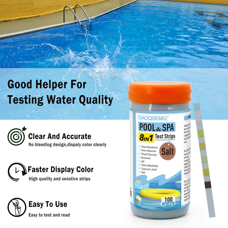 [Australia - AusPower] - 8 in 1 Salt Water Pool Testing Kit,100 Counts Salt Pool Test Strips,Spa & Hot Tubs Test Strip for Salt,Bromine,Chlorine,Cyanuric Acid,pH,Hardness,Alkalinity 8in1 Pool 