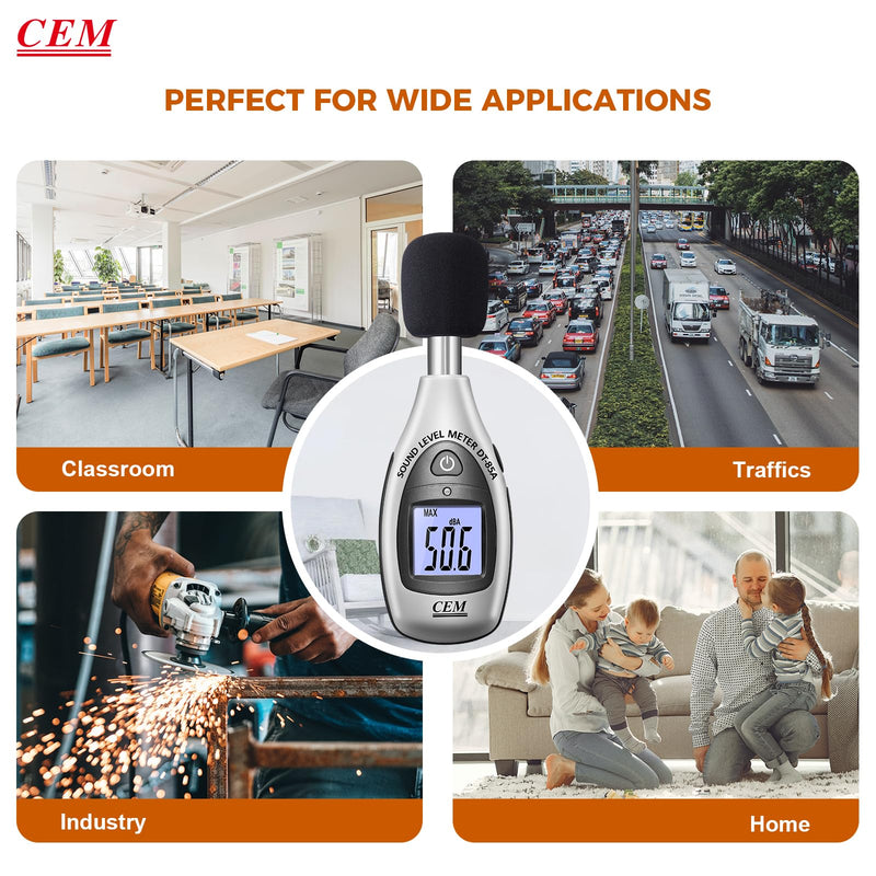 [Australia - AusPower] - Decibel Meter, CEM Digital Sound Level Meter 30 – 130 dB,31.5-8KHz,Audio Noise Measure Device Backlight MAX/MIN, Data Hold Auto Power Off Dual Ranges A Weighted for Home Factories DT-85A db Meter 
