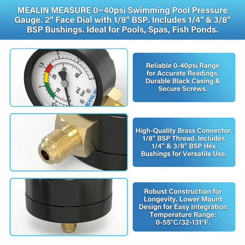 MEANLIN MEASURE 0~3Bar/0~40Psi Swimming Pool Pressure Gauge, 1/8 Inch BSP 2 Inch Face Dial for Pools, Hot Tubs, Fish Ponds, with 1/4 Inch BSP and 3/8 Inch BSP Hex Socket, Bottom Mounting 1/8"BSP Bottom mounted
