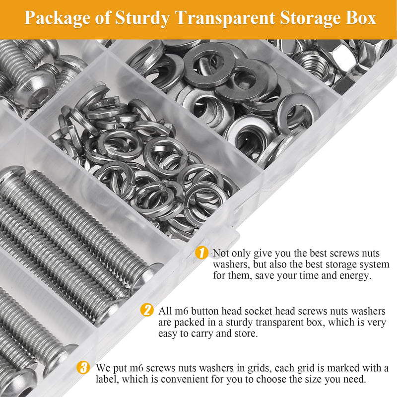 [Australia - AusPower] - 150 Pieces M6 Screws Nuts Washers Set, Sutemribor M6 x 10/12/16/20/25/30/35mm Button Head Socket Cap Screws Nuts Washers Assortment Kit, 304 Stainless Steel, Fully Threaded 