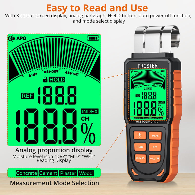 [Australia - AusPower] - Proster Rechargeable Moisture Meter - Wall Moisture Meter with 5 Modes (Index, Concrete, Cement, Plaster, Wood) & 3-Colour Screen, Pinless Damp Tester with Visual & Sound Alerts Detects up to 40mm Rechargeable Bendable Induction Moisture Meter 