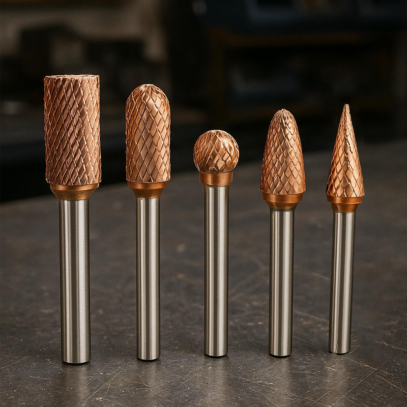 TJR® 3/8" head Carbide Burrs Set with 1/4" Shank 5pcs and ULTRACo Coating - Double Cut. For Steel, Stainless Steel, Hardened steel, and Aluminum, Wood for Grinding and Deburring applications