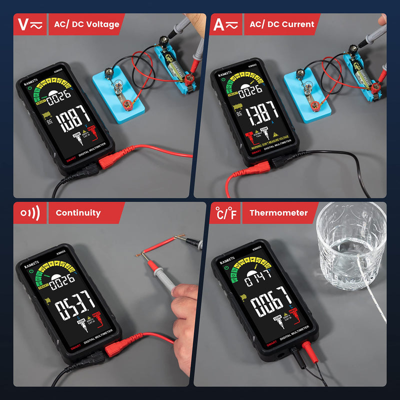 [Australia - AusPower] - KAIWEETS Smart Multimeter Rechargeable Electrical Tester with Auto Ranging Digital Voltmeter Measures Voltage Current Resistance Continuity Capacitance Temperature Frequency NCV 6000 Counts TRMS Black KM602 Full-screen smart multimeter 