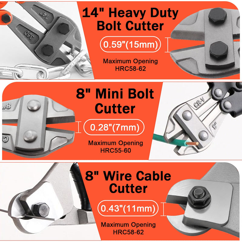 3Pcs Bolt Cutter Set with 14" Heavy Duty Bolt Cutter,8" Mini Bolt Cutter,8" Wire Rope Cutter & Storage Bag for Cutting Locks,Padlocks,Chains,Steel Cable,Barbed Wire,Iron Rod,Metal,Fence