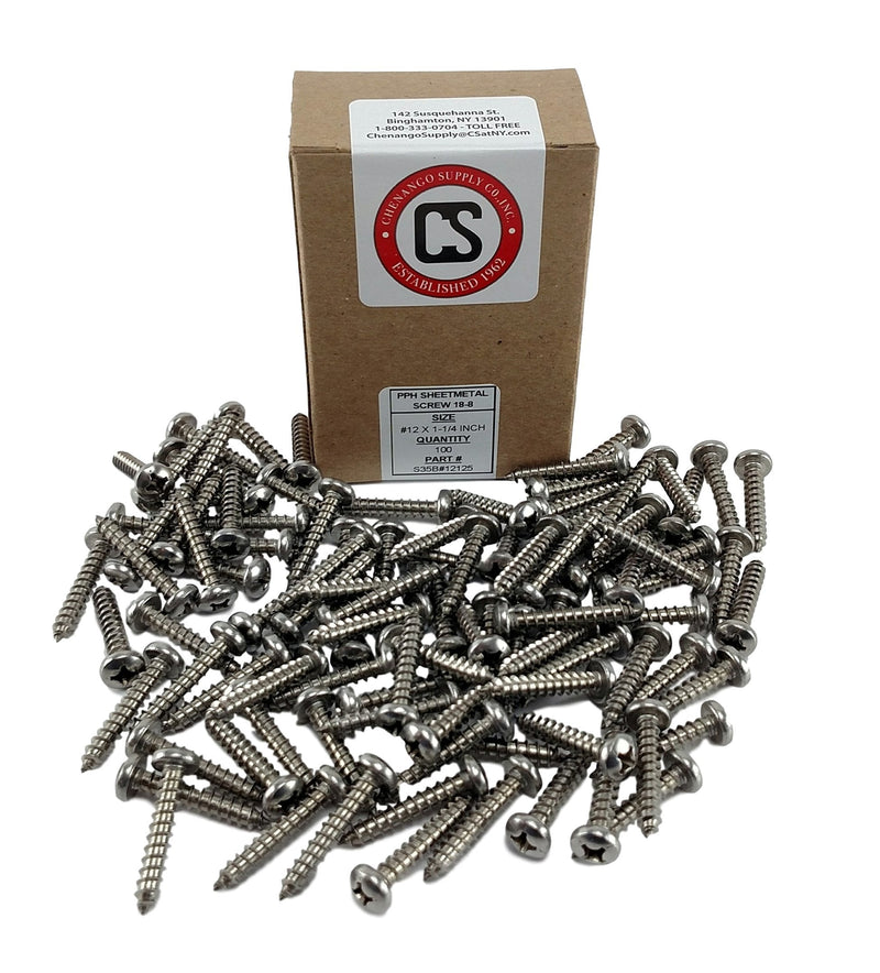 #12 X 1-1/4" Stainless 18-8 Phillips Pan Head Sheetmetal Screw (1/2" to 2-1/2" in Listing) 100 Sheet Metal Screws (#12 X 1-1/4 INCH) #12 X 1-1/4 INCH