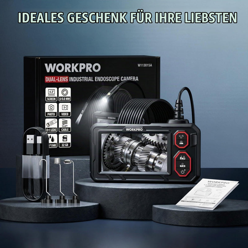 WORKPRO Endoscope Camera Dual Lens, 4.3 Inch IPS, 1080P, IP67, 5 m | Inspection camera with 8+1 LED light, hook, magnet and mirror, ideal for pipes, vehicles and hard-to-reach places