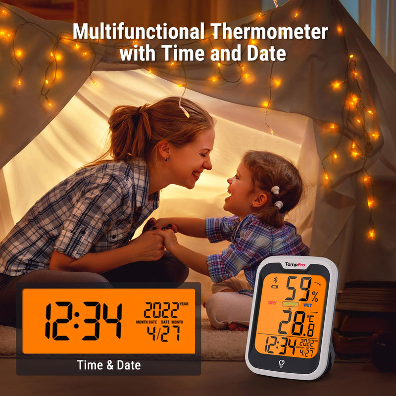 TempPro Bluetooth Thermo-Hygrometer with Clock Date Hygrometer Indoor App | Humidity Meter Bluetooth 80m Room Thermometer with Trend Arrows Comfort Indicator -20-60°C 2 Pieces (Ex-ThermoPro) 2 pieces