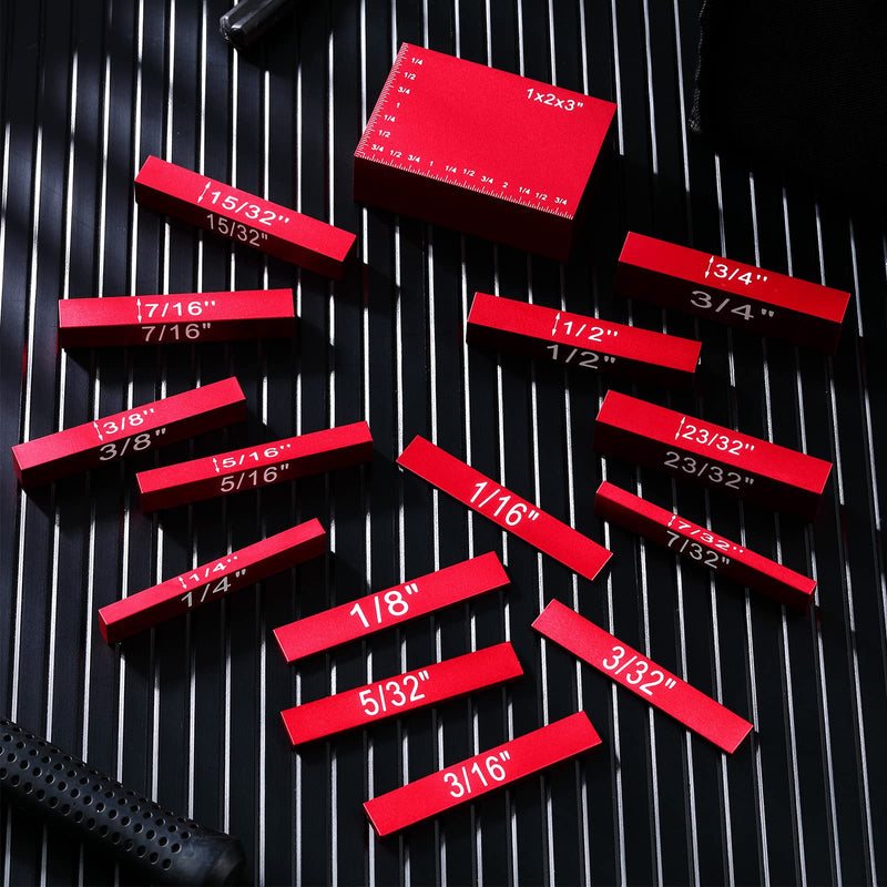 Setup Blocks Height Gauge Set, 15 Pieces Aluminum Block Precision Saw Kit Drill Press Table Router Setup Blocks Woodworking Tool Bars Accessories Laser Engraved Size Markings(Red) Red